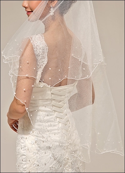Brautschleier Hochzeit ivory oder weiss 2 lagig Satinkante & Perlen Markenware 
