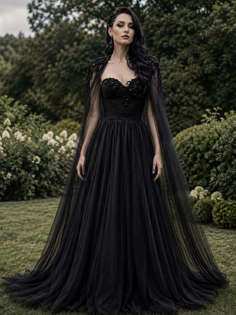 schwarzes Gothic-Brautkleid mit transparentem Cape LAFANTA Dark Couture Berlin