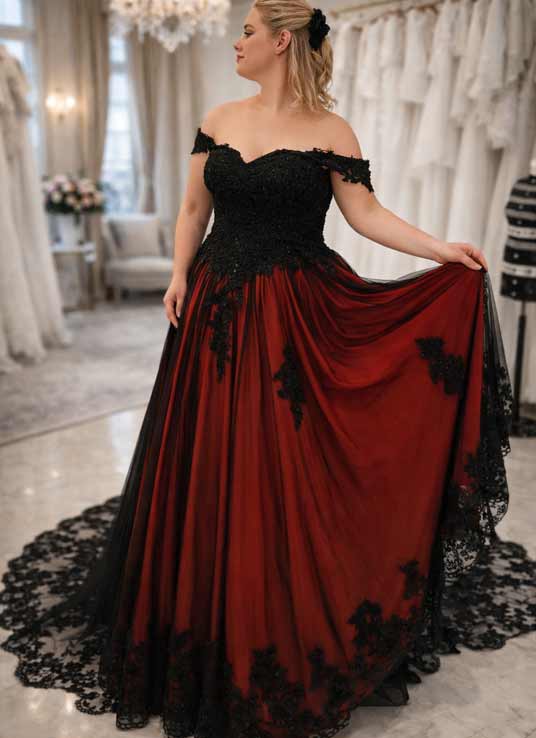 Ein prachtvolles Brautkleid in Schwarz und Rot im A-Linien-Schnitt. Das Design besticht durch die Kombination aus dunkelrotem Stoff und einer edlen schwarzen Spitzenüberlagerung sowie eleganten Off-Shoulder-Trägern.